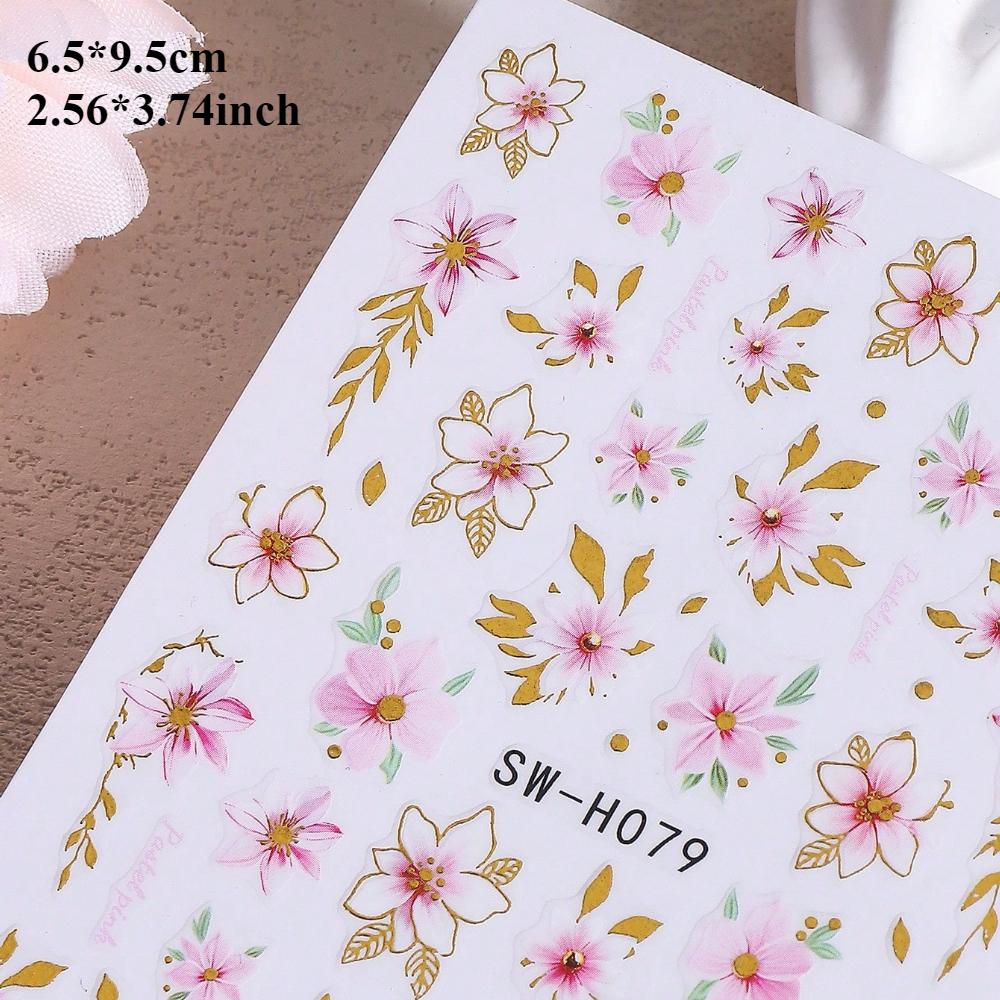 1Pc Gold-Edged Pink Floral Nail Sticker, Cherry Blossom Vine Pattern for Spring & Summer Nails