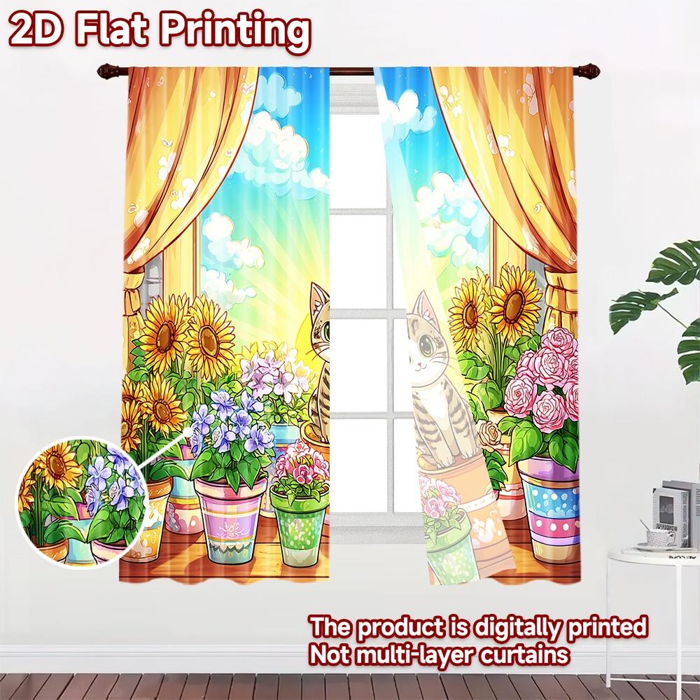 2D flat printing 2pcs Window Treatment Curtains Cute Cat Flower Balcony Digital Printed Polyester Drapes Festive Wall Decor for