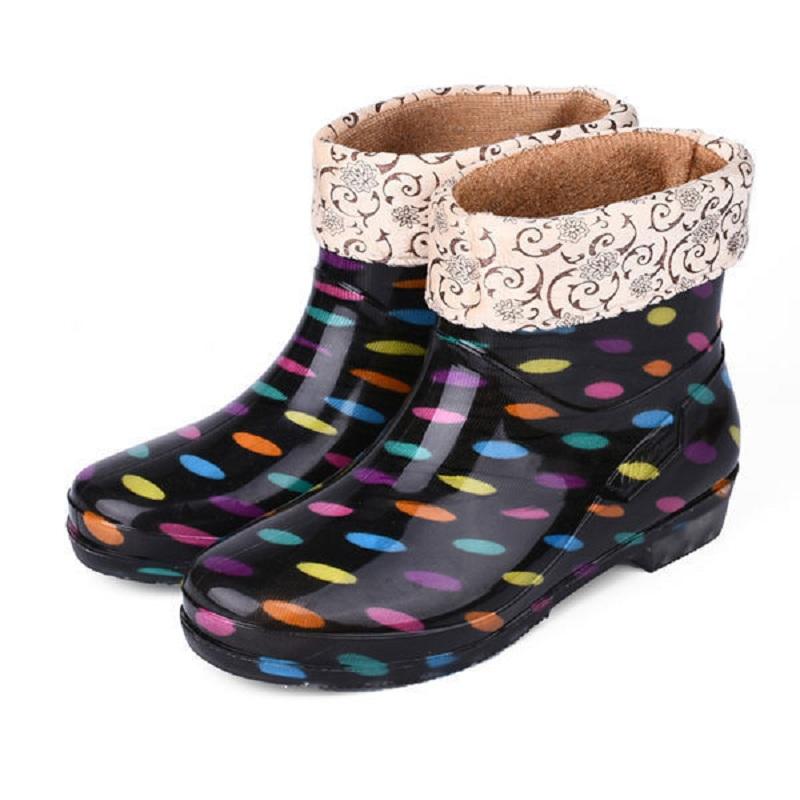 Feerldi Purple Women Waterproof boots Low Heels Colorful Polka Dot Rain boots for women Plush Warm Water Shoes