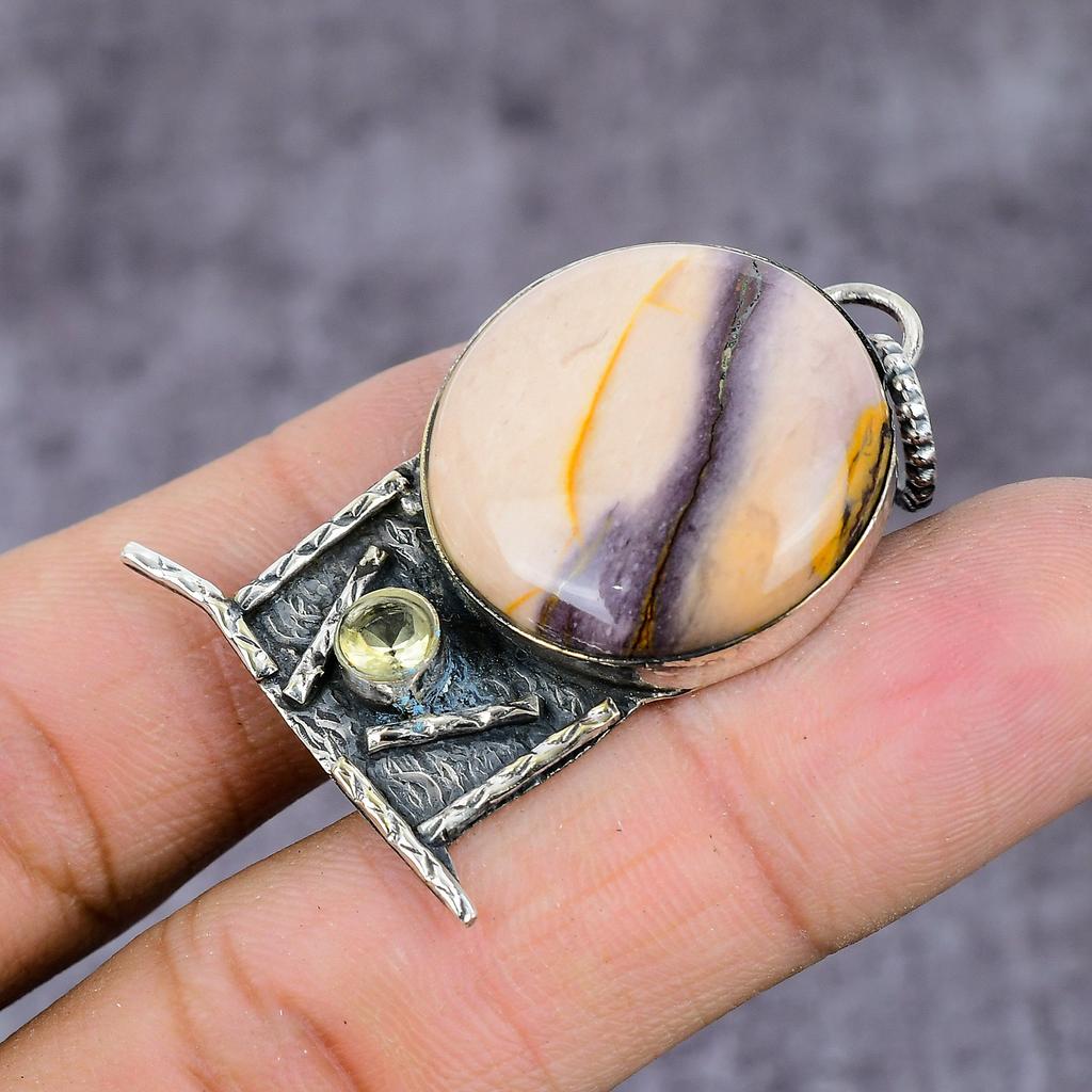Natural Mookaite, Citrine Gemstone 925 Sterling Silver Pendant 2.22" ET-1491