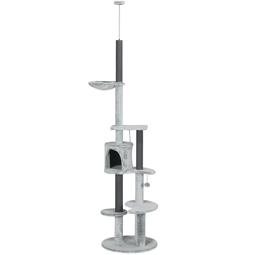 255cm Floor To Ceiling Cat Tree with Scratching Posts, Height Adjustable Cat Tower with Hammock, House, Anti-tipping Kit, Perches, Toys, Grey
