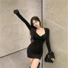 Pure Desire Spice Girl Drawstring V-neck Long-sleeved Dress Women's Spring and Autumn New Temperament Slim and Thin Hip Skirt