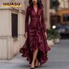 IHUASU Damesmode Lente Herfst Effen Kleur Print Lange Mouw V-Hals Casual Jurken