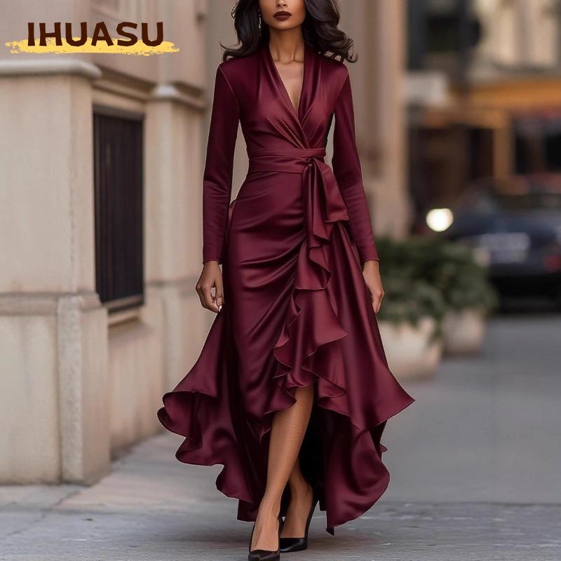 IHUASU Damesmode Lente Herfst Effen Kleur Print Lange Mouw V-Hals Casual Jurken