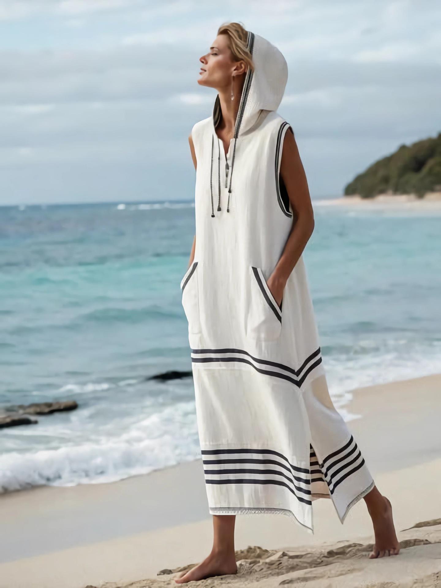 2025 European and American Independent Station Women s Vacation Casual Striped Hooded Casual Sleeveless Split Double Pocket Dress S белый