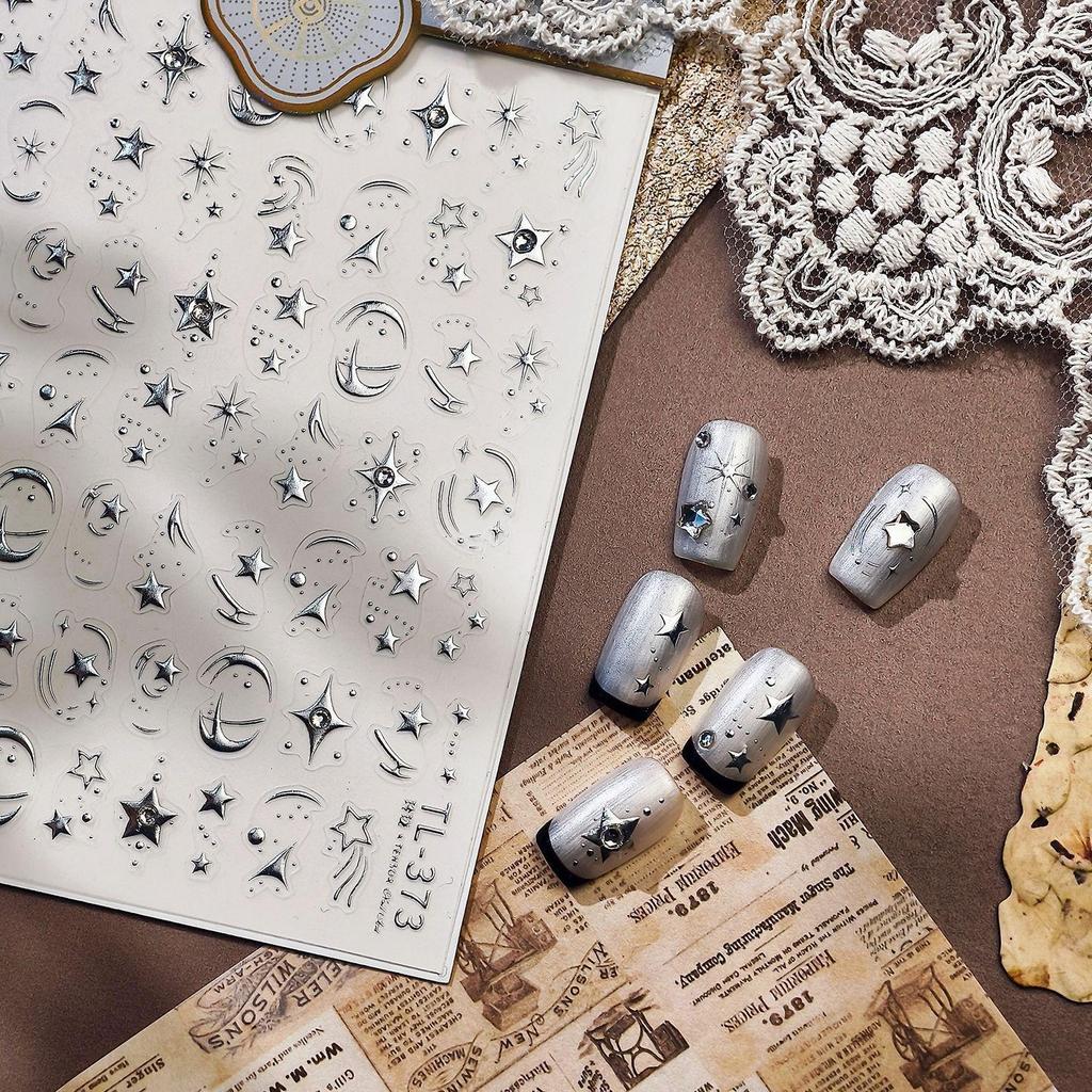Universe Galaxy Night Sky Nail Stickers - DIY Starry Design with Stylish Silver Accents