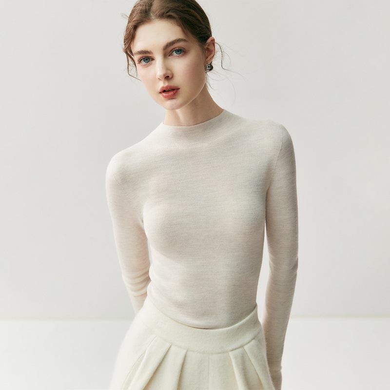 Women's Slim Fit Merino Wool Pullover Sweater - Half-High Neck, Autumn/Winter, Machine Washable