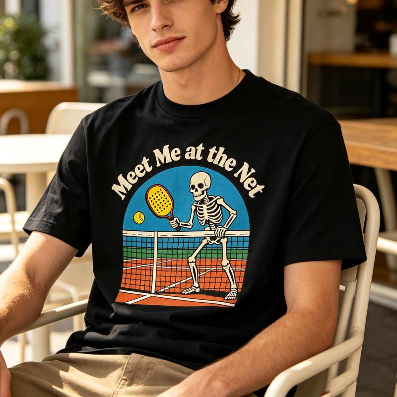 Meet Me at the Net Skeleton Pickleball TShirt Funny Sport Racket Graphic Tee Casual Short Sleeve Shirt Streetwear Player Lover