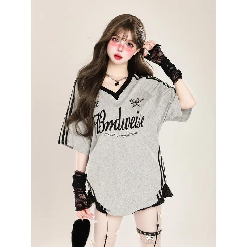 

Ретро модная контрастная дышащая спортивная футболка с V-образным вырезом и короткими рукавами свободного кроя для женского летнего повседневного верха 5XL