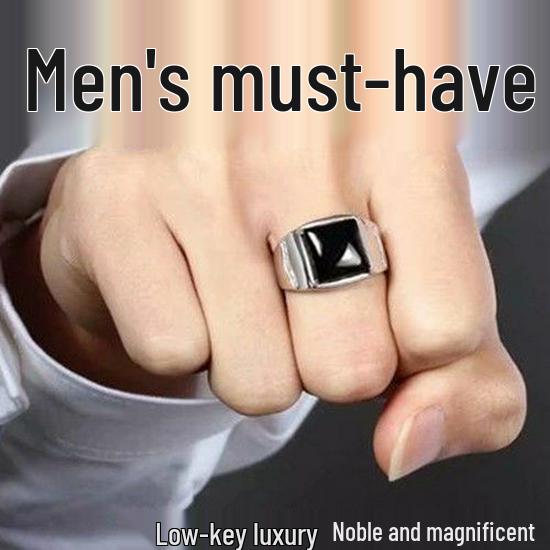 S925 Silver Plated Men's Black Agate Domineering Open Ring with Faux Gem