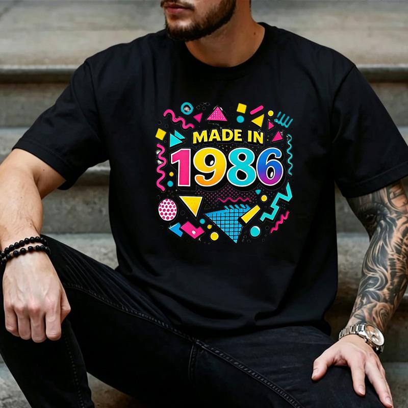 Retro Memphis Colorful Geometric Made In 1986 Graphic T Shirt Unisex 40th Birthday Casual Short Sleeve Street Tee