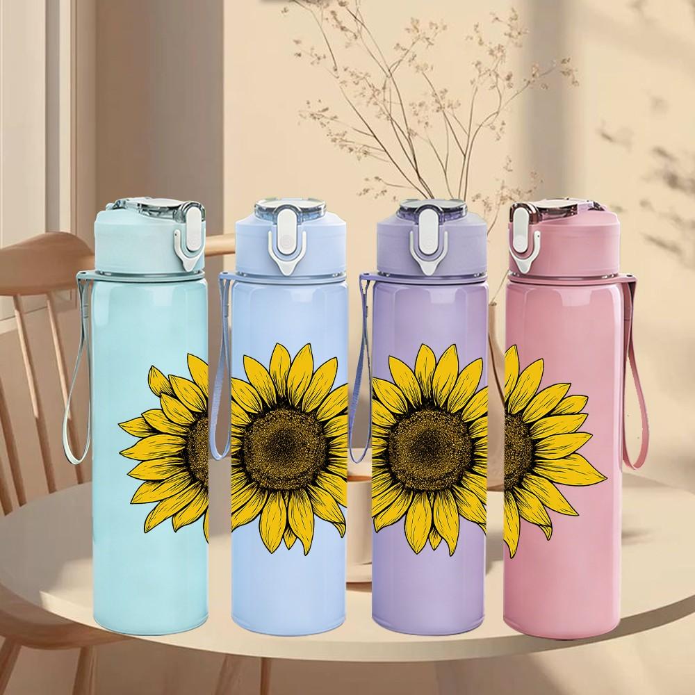 1PC Yellow Sunflower Bloom 750ml Color Plastic Sports Water Bottle Leakproof Flip Straw Lid Suitable for Sports Office Home Use