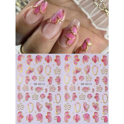 1PCS Pink Flower Petal 3D Nail Stickers Elegant Flower Gold Edge Line Geometry Designs Nail Art Decals DIY Self-Adhesive Manicure Decoration Supplies