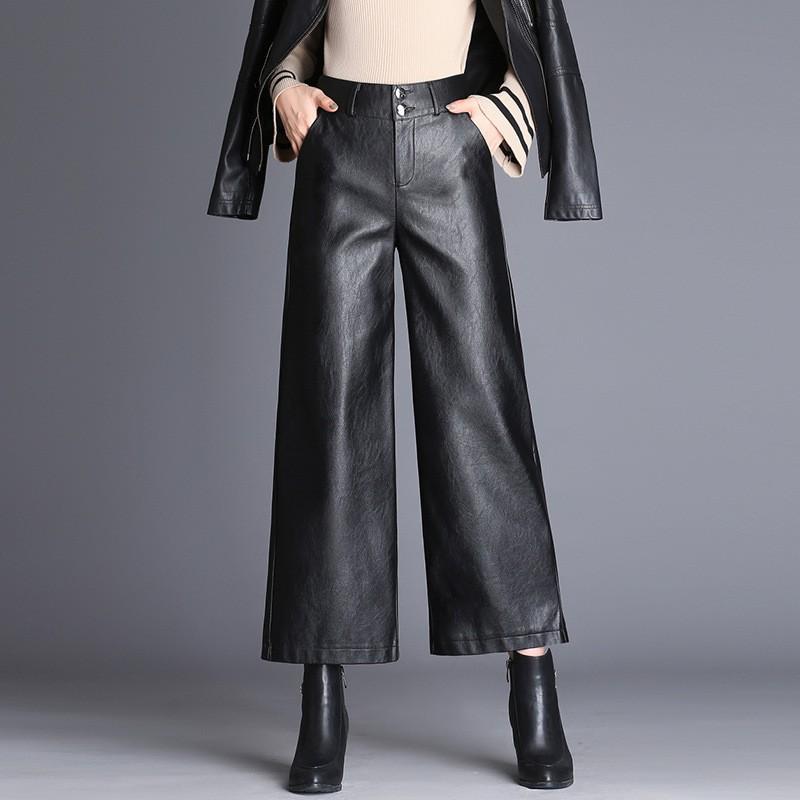 

Women s High-Waisted Wide-Leg Leather Pants - Autumn/Winter Slim Fit 4XL чорний
