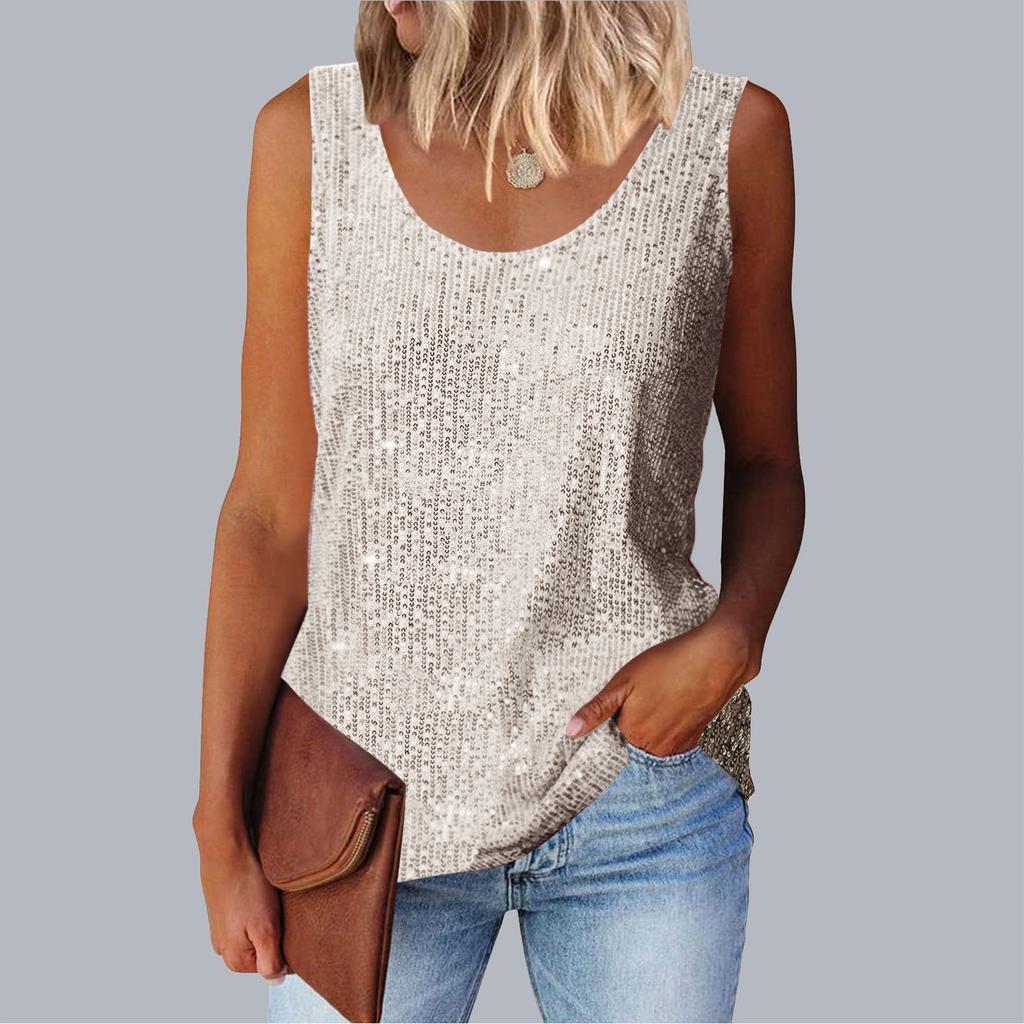 Women's Top, Commuting Sequins, Loose Fitting, Round Neck Vest, Comfortable and Casual