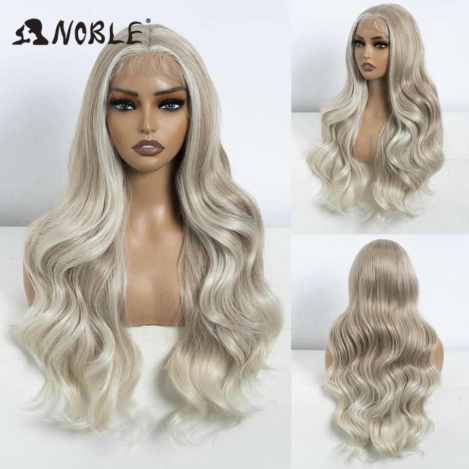 Šlechetná syntetická paruka s krajkou vpředu Dlouhá vlnitá paruka 26 palců Krajkový díl Tělově vlnitá krajková paruka Pro ženy Hnědá Ombre Blond Cosplay paruka