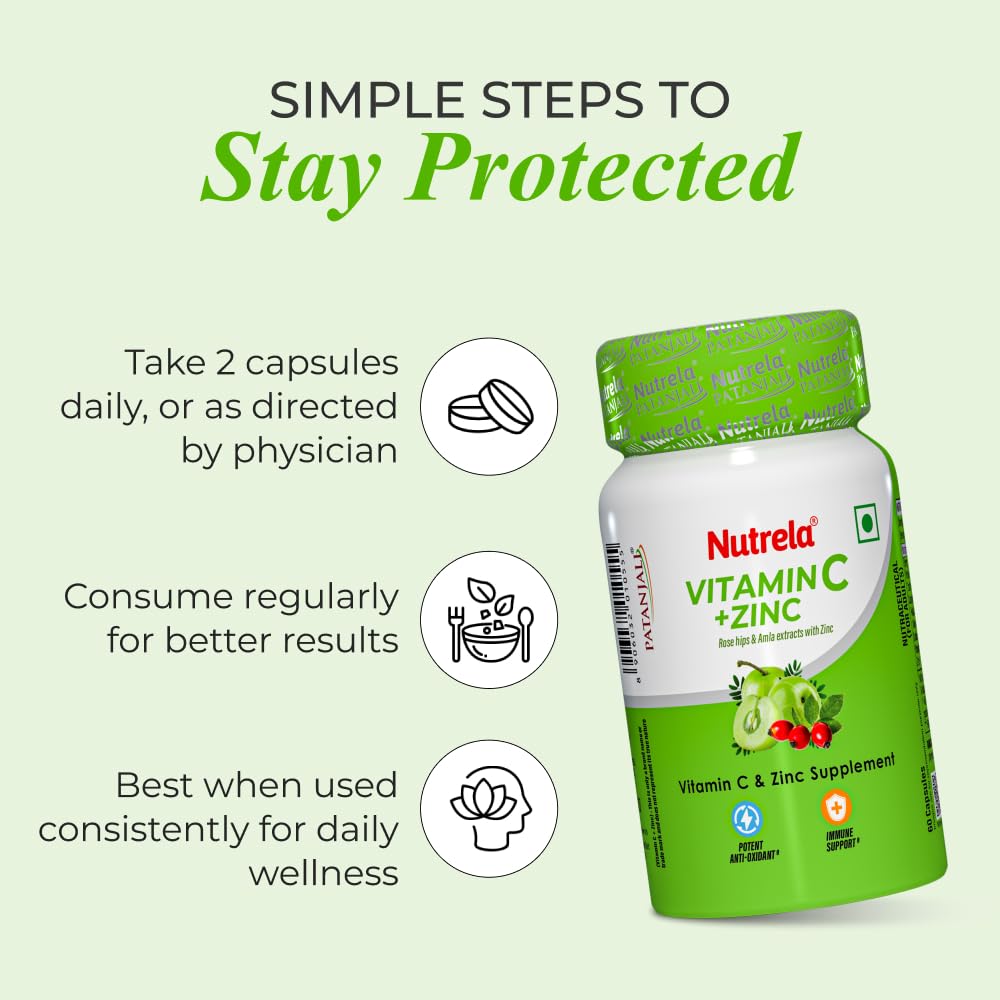 Nutrela Vitamin C and Zinc Capsules for Men & Women 60 Count Pack of 2 Immune Support & Skin Care