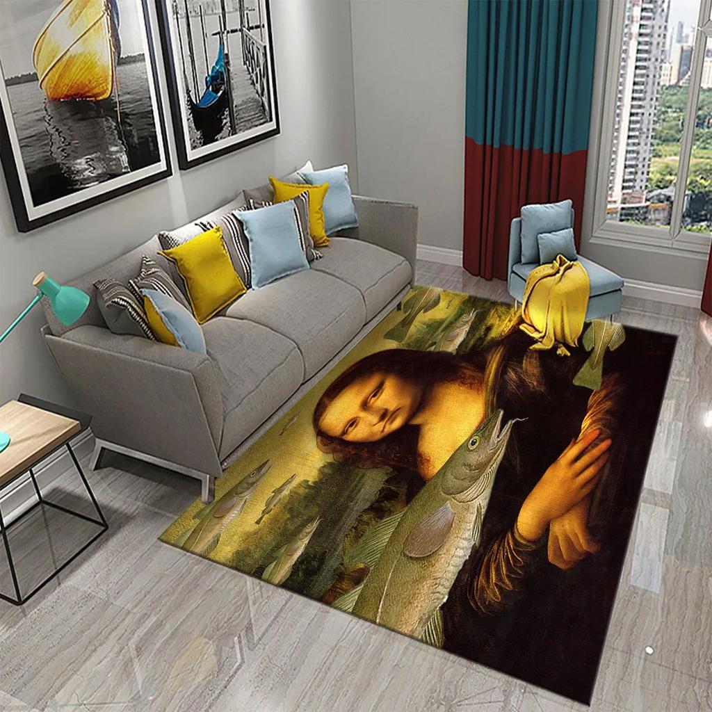Funny Mona Lisa Oil Painting Carpet Home Decor Painting Mat for Living Room Bedroom Kitchen Bathroom Non-slip Floor Area Mats