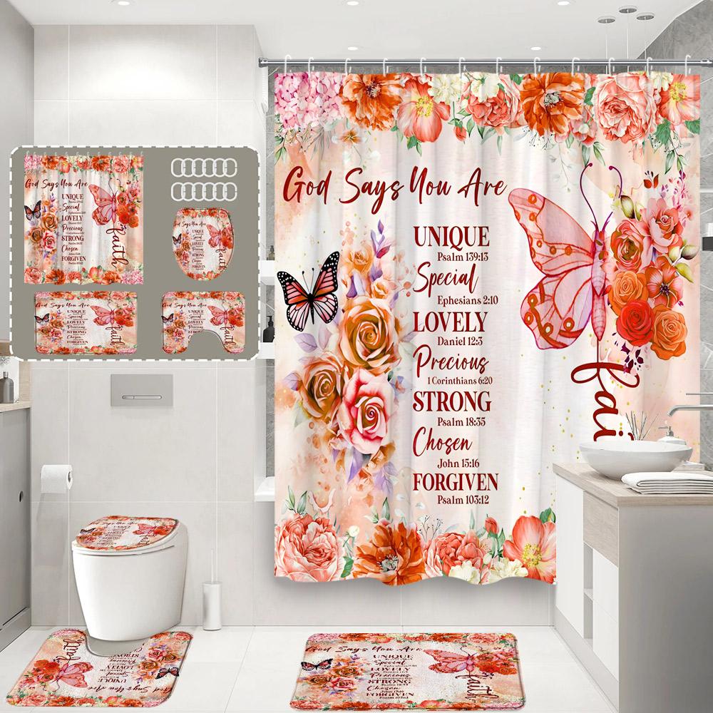 Purple Floral Butterfly Shower Curtain Set Watercolour Roses Flowers Butterflies Home Bathroom Decor Bath Mats Toilet Lid Cover