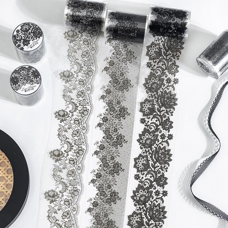 55mm*2m Black White Lace PET Tapes DIY Scrapbooking Junk Journal Aesthetics Decor Diary Collage Masking Tape Stationery Supplies
