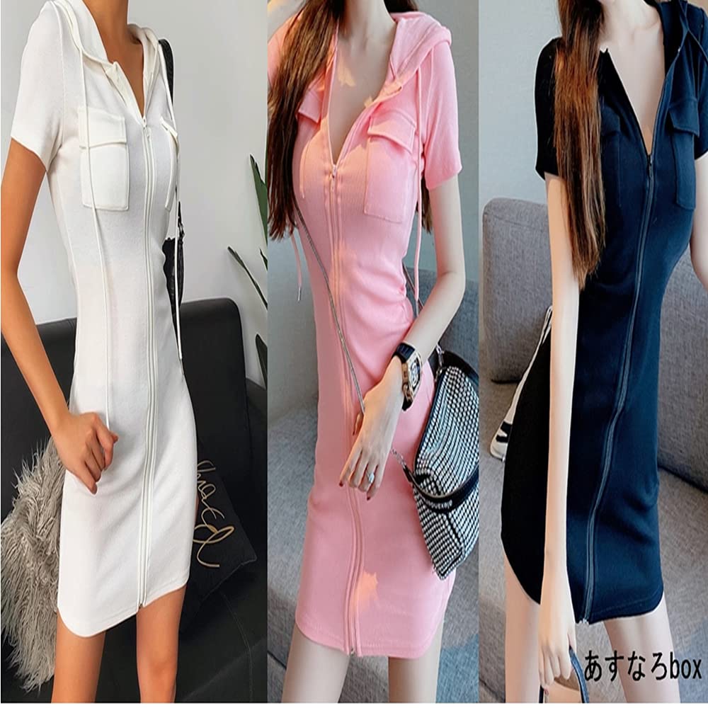 Asunaro Box Sexy Short Sleeve Hoodie Mini Dress Size Women's Zip-Up (Pink, M)
