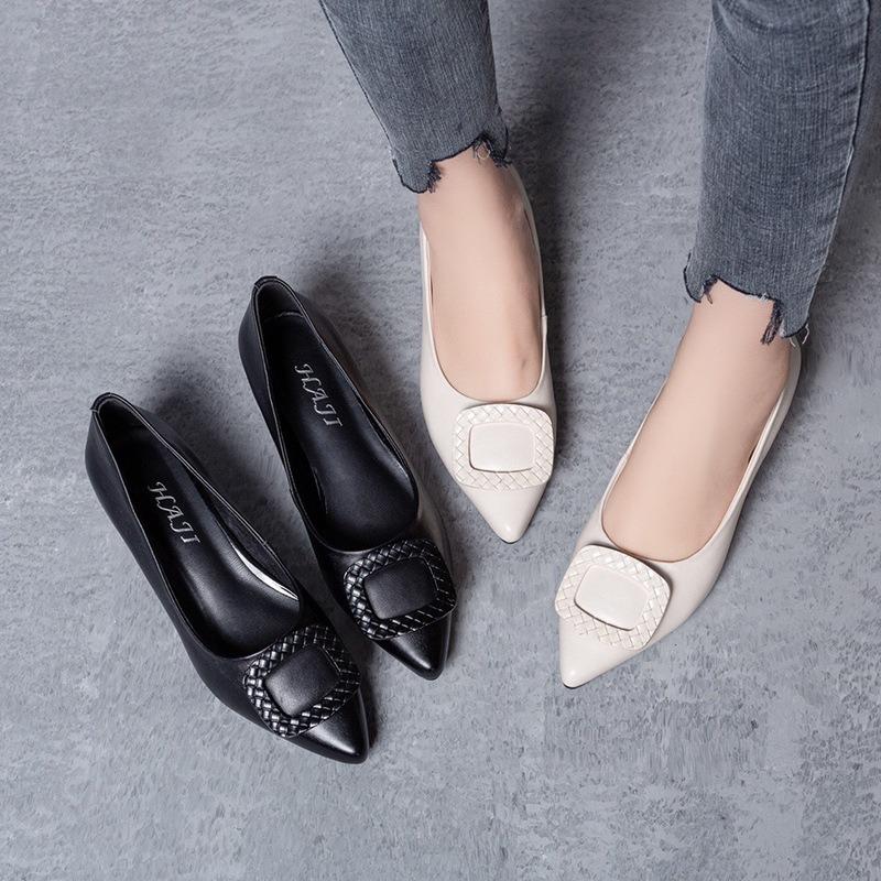 Spring new flat-soled single shoes shallow mouth pointed shoes women's shoes thick heel versatile single shoes
