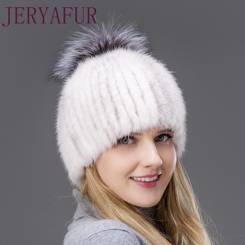 JERYAFUR Módní zimní čepice Teplá dámská pletená čepice Norková čepice s vertikální tkanou liščí bambulí lyžařská čepice