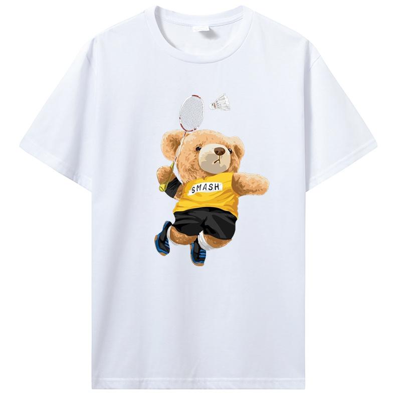 Teddy Bear Playing Badminton Tshirt Exercise Clothing T-shirt Graphics Kawaii Men Women Short Sleeve Printed T Shirt Top Tees