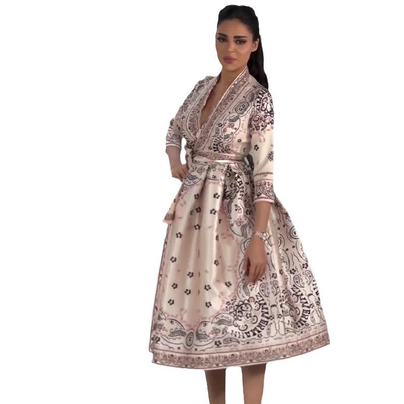 2024 Autumn Bohemian V-Neck Tie Waist Women's Dress