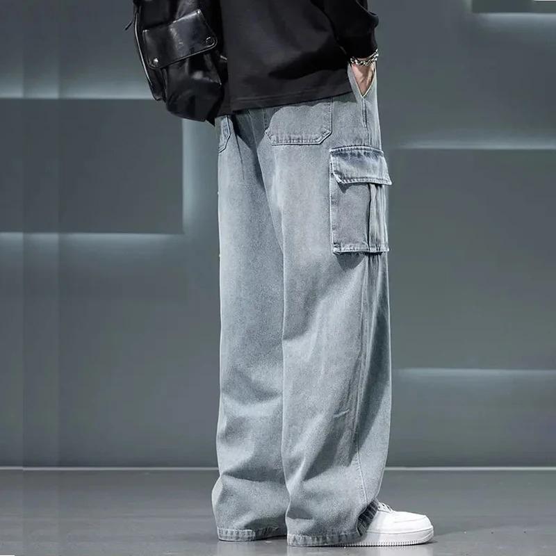 Jeans Wide Leg Washing Pants Men Trousers Neutral Solid Color Loose Casual Korean Fashion Pocket Cargo Pant