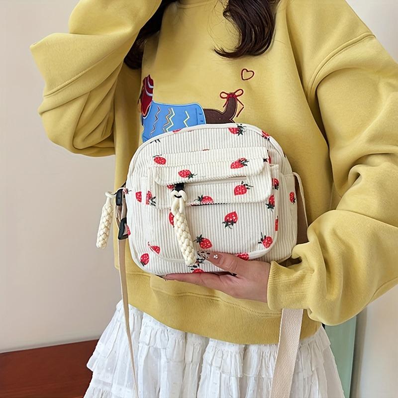 A Lovely Grassy Shoulder Bag, Strawberry Pattern, Multi-pocket Phe Bag, Casual Crossbody Bag, Women's Makeup Bag, Student Bag.