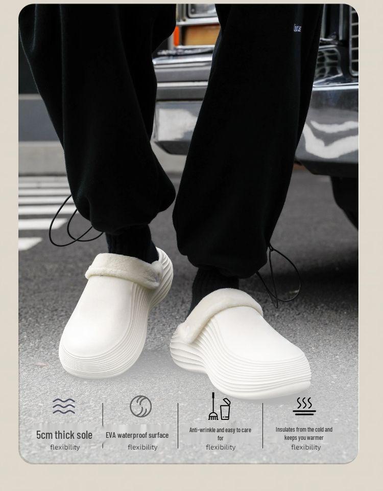 Men's Waterproof Indoor/Outdoor Plush Slippers with Thick Sole and Closed Toe for Winter Warmth.