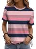 Women's Round Neck Large Size Short-sleeved T-shirt, Pink and Blue Contrasting Wide Stripes