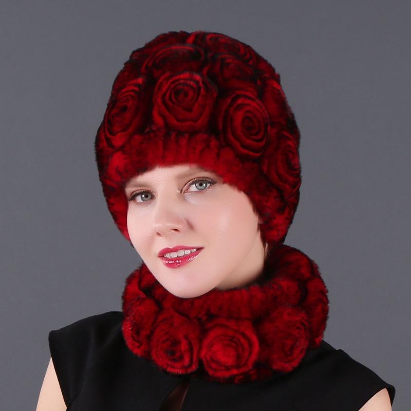 Rex Rabbit Rose Hat and Flower Scarf Set Specializing in the production of Rex Rabbit Scarf Hat Two-piece Adult Hat