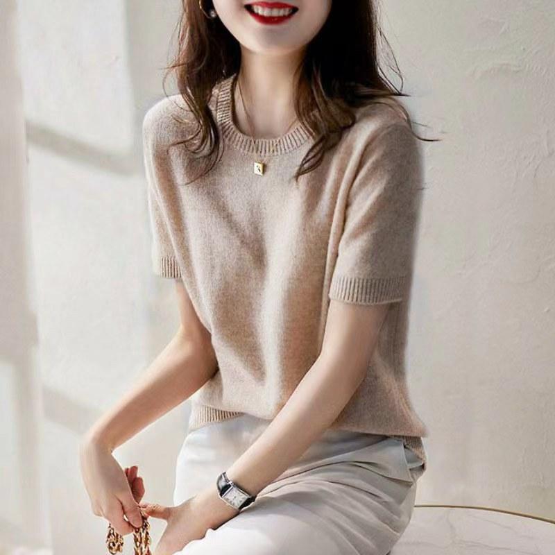 2022 Spring Summer Fashion Simple Pullover Elegant Fashion O-Neck Solid Knitted Sweater Women Short Sleeve Casual Loose Tops