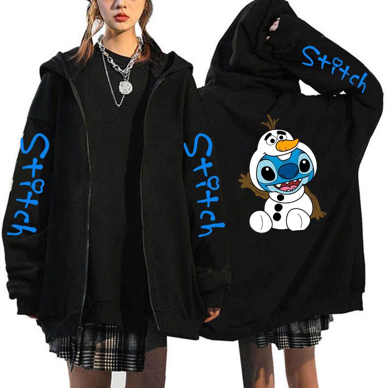 Oversized Y2k Zip-up Hettegenser Disney Dame Lilo & Stitch Kostyme Vinterklær Dame Langermet Varm Jakke Zip-up Street Topper