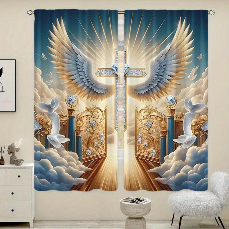 Tonnika Chen Modern Heaven Cross Wings Print Art Polyester Curtains Living Room Bedroom Study Kitchen Set Of 2 Made Sitting Decor