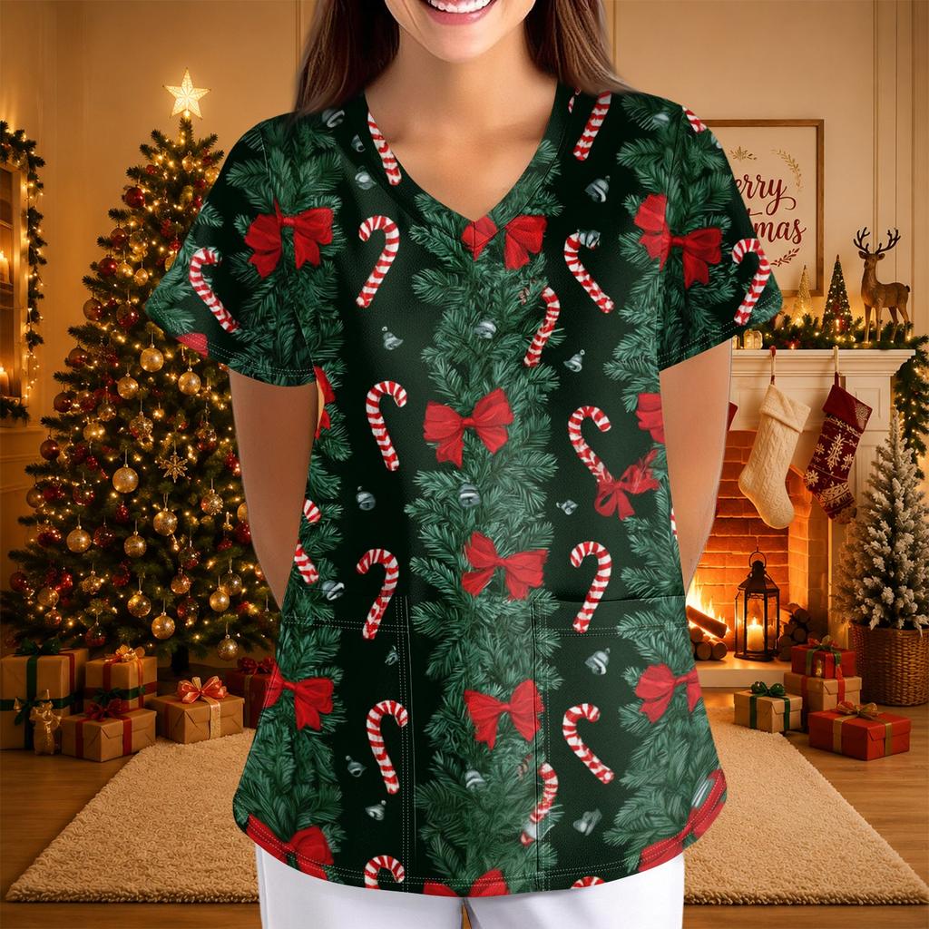 Women's Casual 3/4 Sleeve Neck Top with Christmas Print