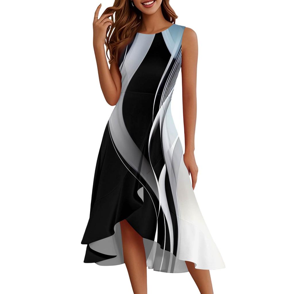 Damenmode Lässig Reißverschluss Ärmellos Rundhals Bedruckt Elegant Temperament Rüschenkleid Kleider