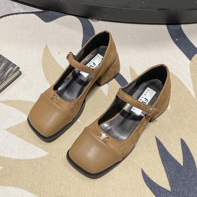 

Туфли Мэри Джейн женская обувь в начале весны 2025 года новые высокие каблуки толстый каблук легкий вырез девушка с юбкой одинарные туфли 40 хаки