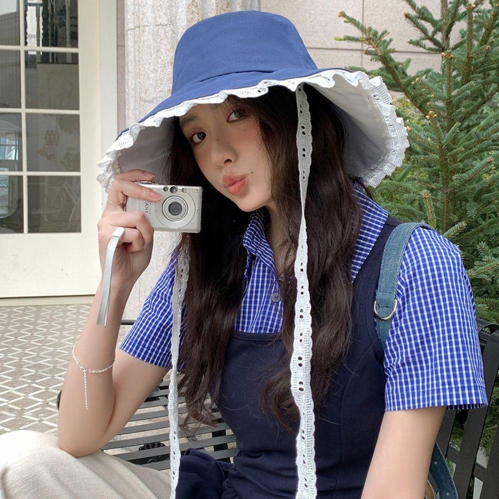 Sweet Lace Ribbon Hat French Style Women's Sun Hat Fashion Cowboy Fisherman Hat  Spring Summer