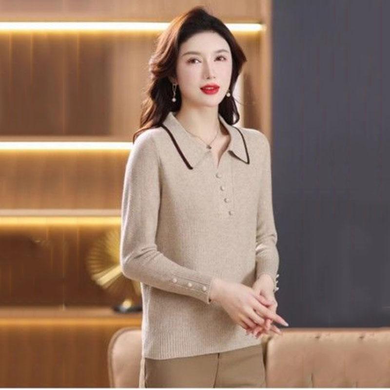Spring Autumn Fashion Women Sweater Elegant Turndown Pullover Sweater Female Loose Knitting Bottoming Shirt Jumper Lady
