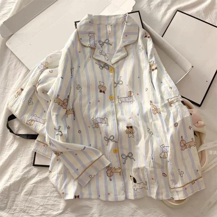 Women's Spring & Autumn Cloud Cotton Pajama Set - Thin Print & Embroidery, Loose Fit, Long Sleeve & Pants Home Wear.