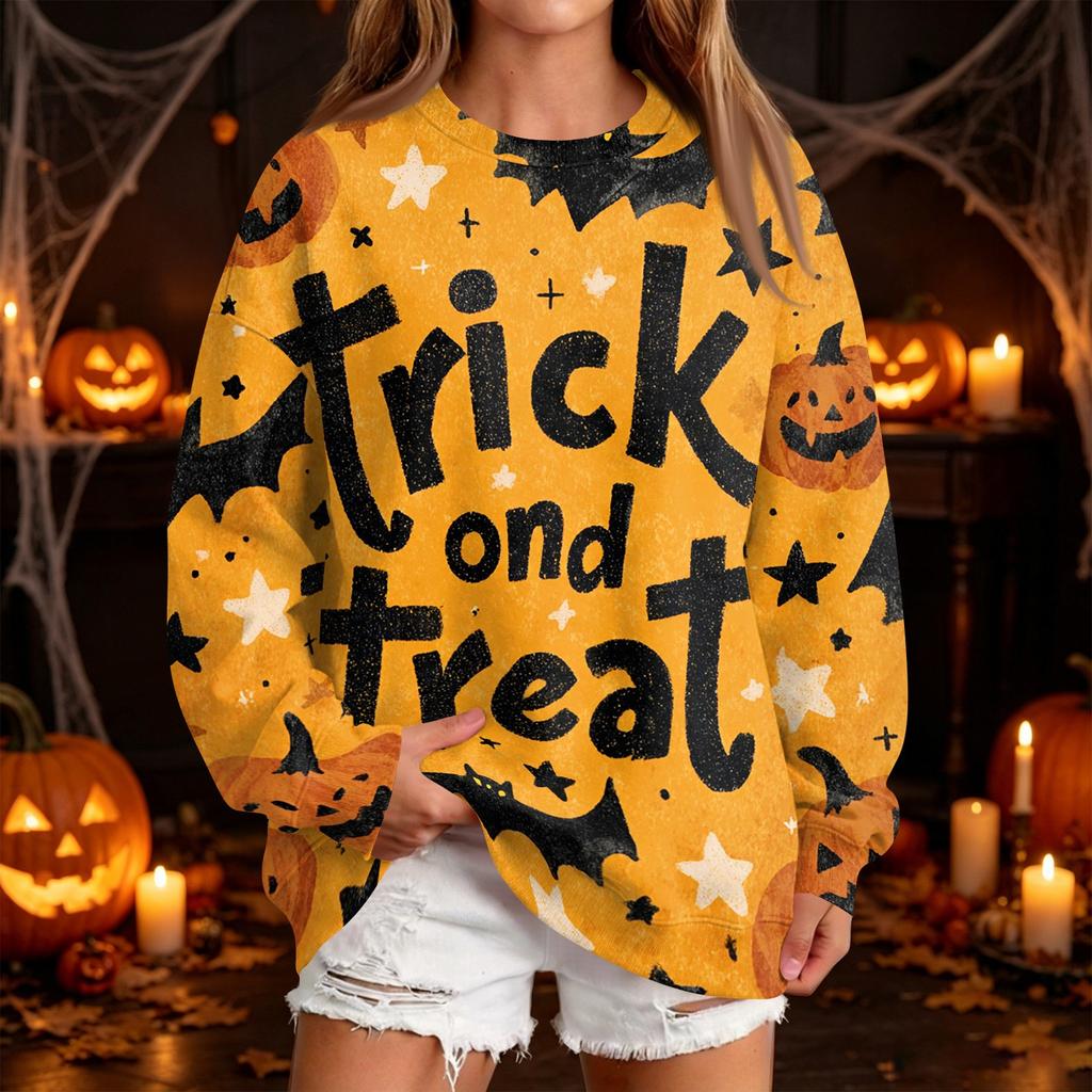 Women's Casual Round Neck Sweatshirt with Halloween Print, Long Sleeve Pullover for Festivals