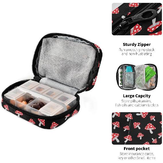 Cute Mushroom Pill Case, Portable Weekly Pill Box Bag Container 7 Days Pill Organizer Vitamin Supplement Holder with Zipper for Travel Family