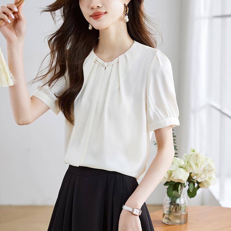 

GMXIA Женская летняя белая рубашка с коротким рукавом, плиссированная винтажная шифоновая блузка с пуговицами XL бежевый