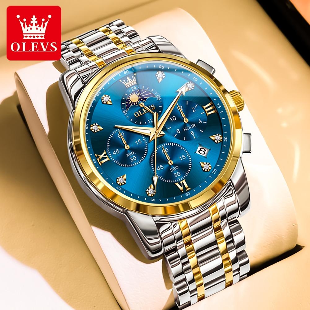 OLEVS New Men's Quartz Wrist Watches 7 Hands Moon Phase Chronograph Waterproof Stainless Steel Multifunction Man Watch