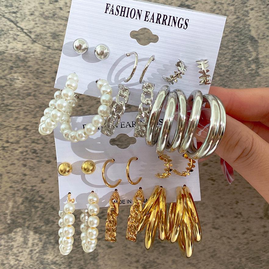 

European & American Style Retro Faux Pearl & Metal Circle Stud Earrings - 6-Piece Set