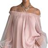 Dames Off Shoulder Mini Jurk, Lange Mouwen Ruches Doorzichtig Mesh Losse Korte Jurk, Casual Feest Uitgaan Clubkleding