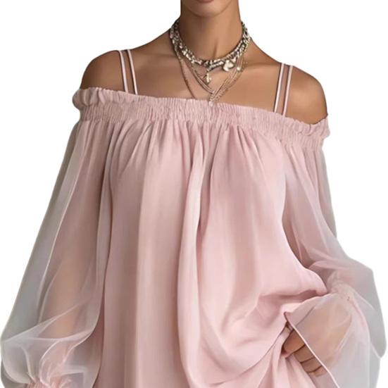 Dames Off Shoulder Mini Jurk, Lange Mouwen Ruches Doorzichtig Mesh Losse Korte Jurk, Casual Feest Uitgaan Clubkleding